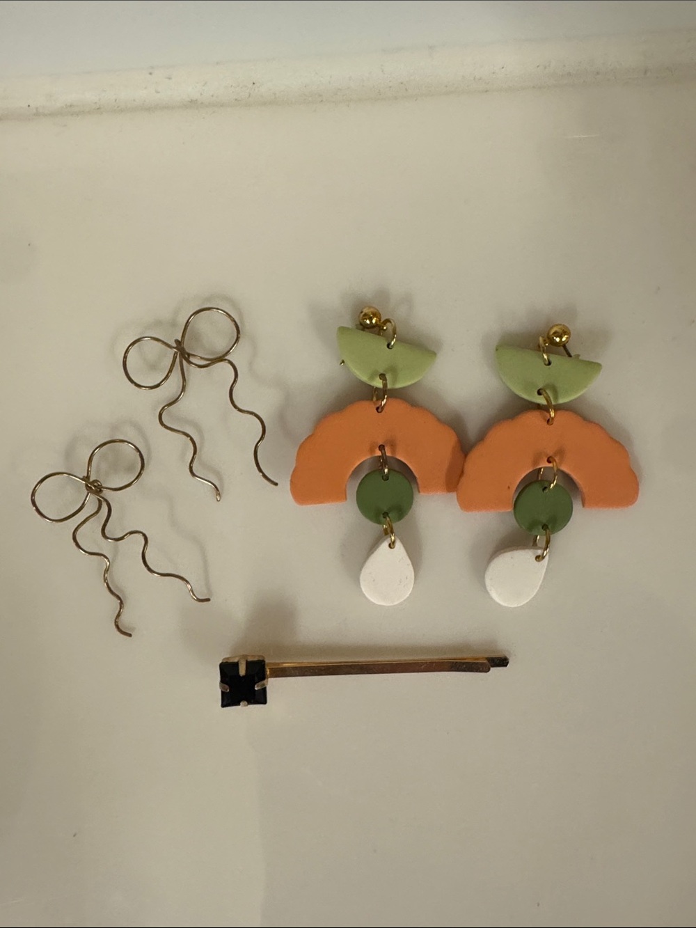 Polymer Clay Drop Earrings Bow Earrings Black Gem Hair Pin Set
